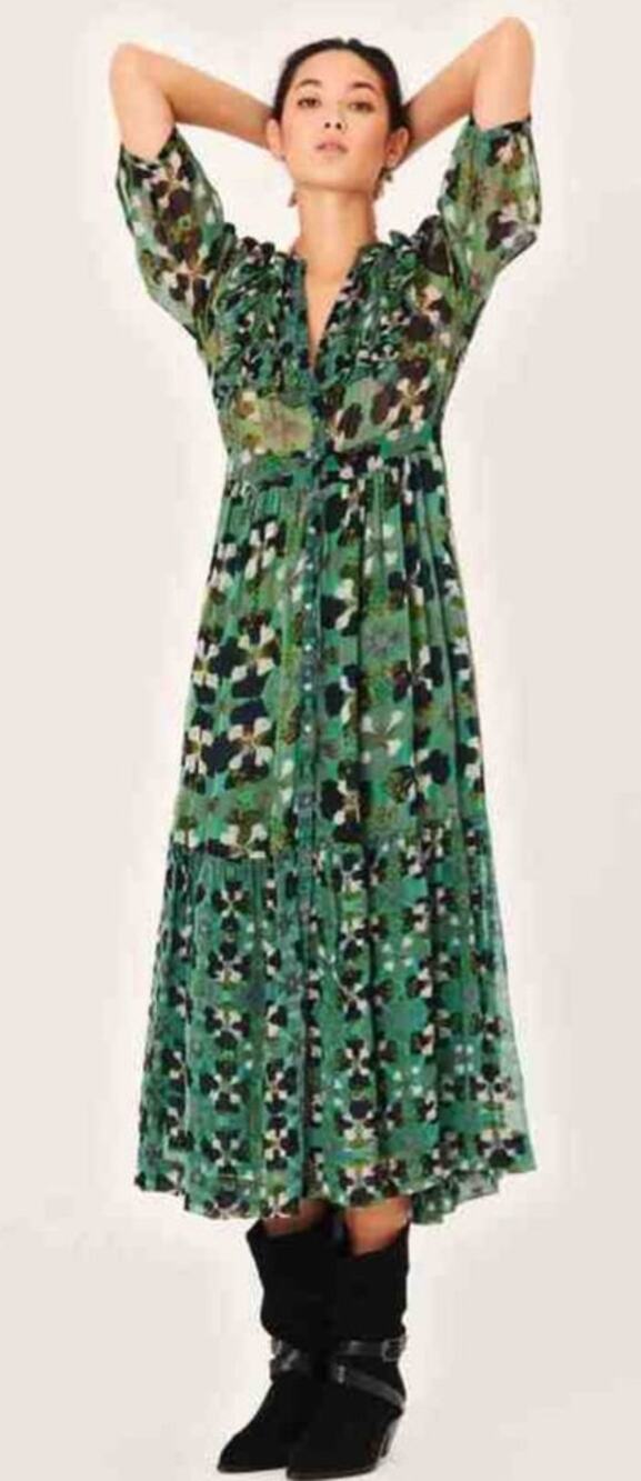 BA&SH Floral Hooper Maxi Dress Size 3 (Large) Green Watercolor Boho Cottagecore